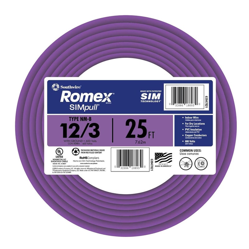 Woods Southwire Romex Brand Simpull Solid Indoor 12/3 W/G NMB Cable - 25ft Coil - Image 2